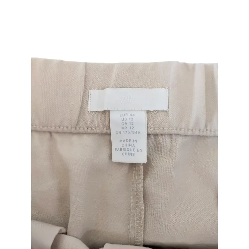 H&M Wide Leg Linen Blend Pants Sz L Beige Tan Side Slit Coastal Office Business